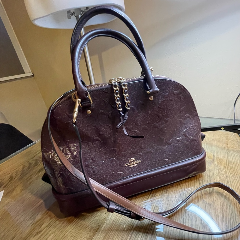 Coach embossed purple glittery purse with velvet interior. Pre-loved